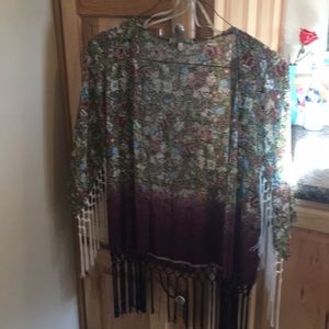 BKE Gimmicks floral ombré fringe cardigan